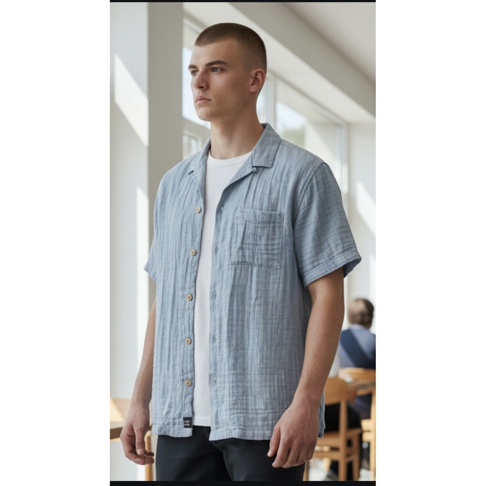 Lucky Brand Light Blue Casual Button-Down Gauzy Cotton SS Top Men's NWT M